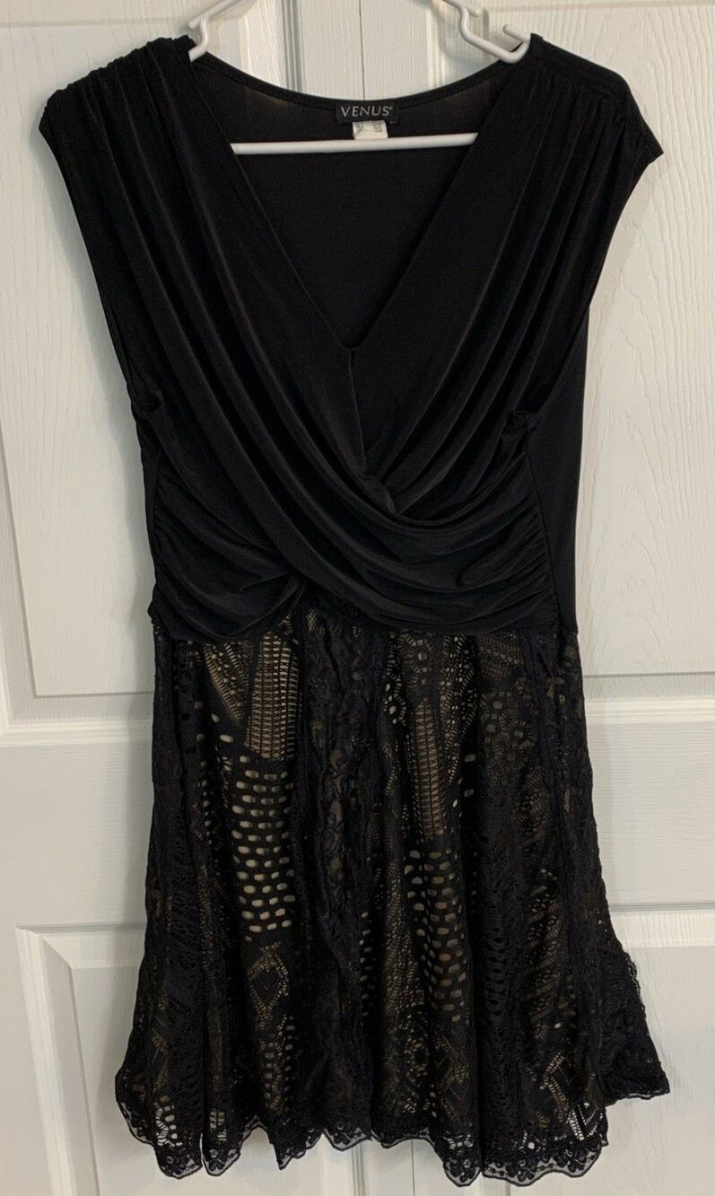 Venus Two Tone Dress Womens Large Black Beige Knit USA
